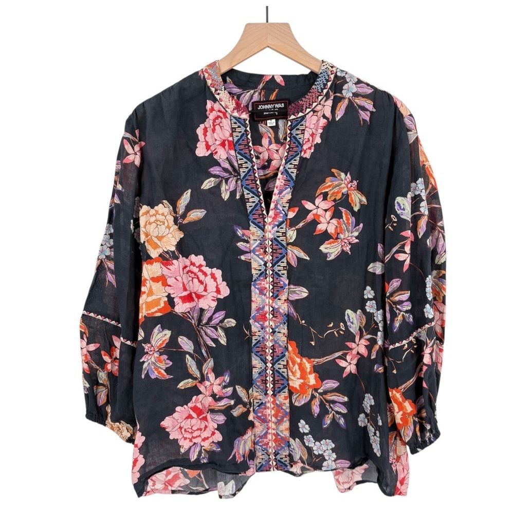 Johnny Was Black Floral Embroidered Peasant Blouse